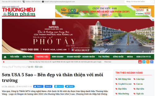 Read more about the article Tạp chí Sở hữu trí tuệ & Sáng tạo đưa tin Sơn USA 5 Sao nhận danh hiệu “Thương hiệu vàng 2022”